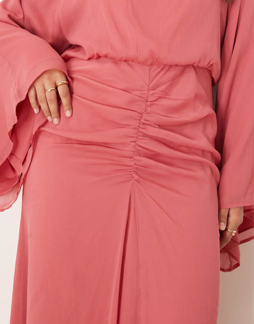 ASOS DESIGN Curve volume sleeve maxi dress with ruched skirt in deep rose, 4 of 4