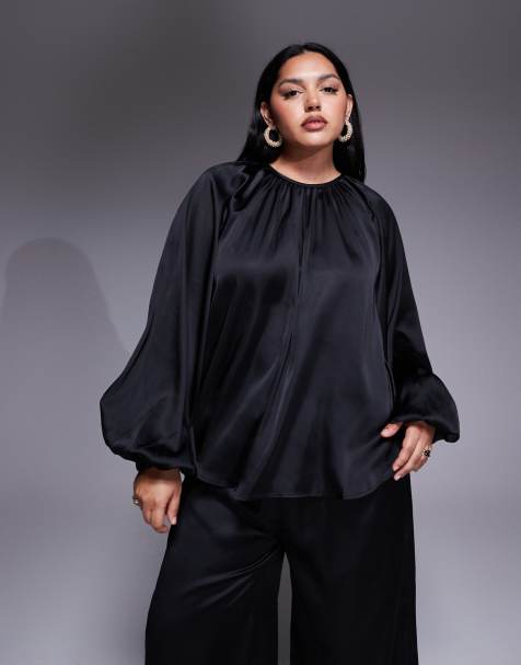 ASOS DESIGN Curve volume sleeve satin blouse in black - view 1