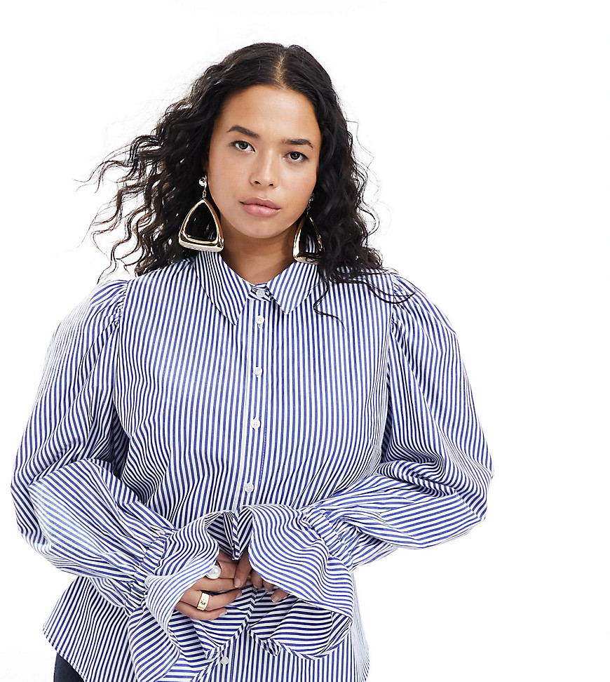 Asos Curve Asos Design Curve Volume Sleeved Soft Shirt With Ruffle Cuff In Blue Stripe-multi