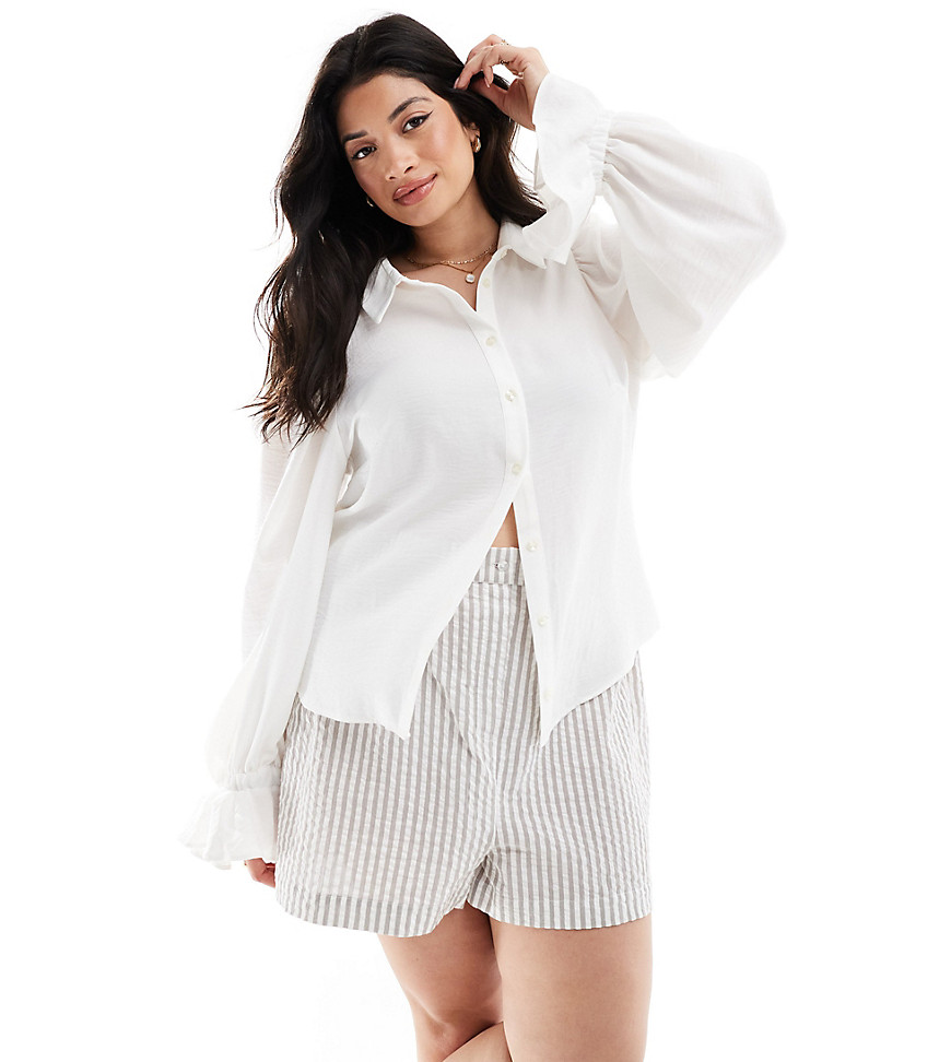 ASOS DESIGN Curve volume sleeved soft shirt with ruffle cuff in ivory-White