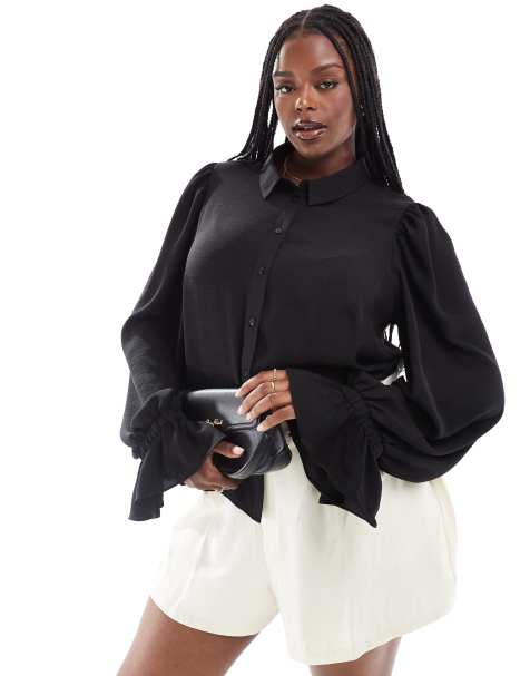 ASOS DESIGN Curve volume sleeved soft shirt with ruffle cuffs in black - view 1