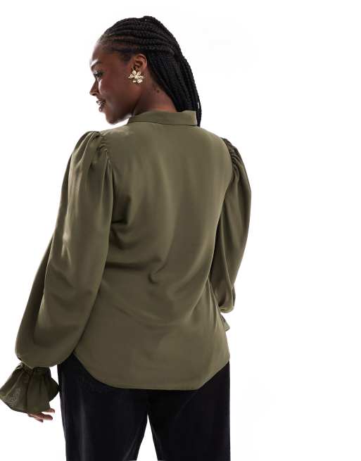 ASOS DESIGN Curve volume sleeved soft shirt with ruffle cuffs in khaki, 2 of 4