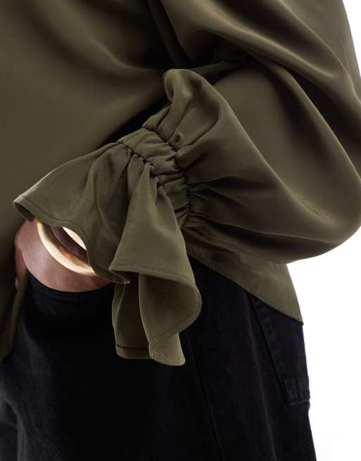 ASOS DESIGN Curve volume sleeved soft shirt with ruffle cuffs in khaki, 3 of 4