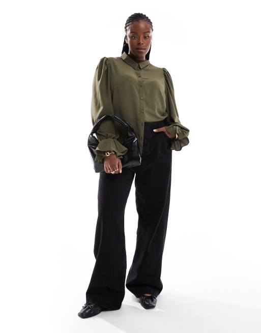 ASOS DESIGN Curve volume sleeved soft shirt with ruffle cuffs in khaki, 4 of 4