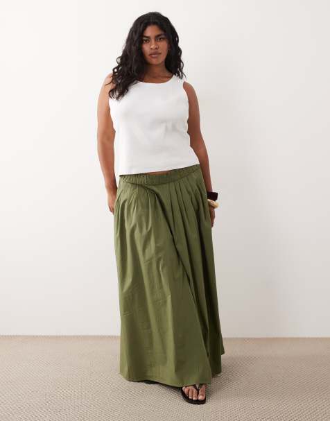 ASOS DESIGN Curve - Volumineuze midi rok met elastische taille in kaki - view 1