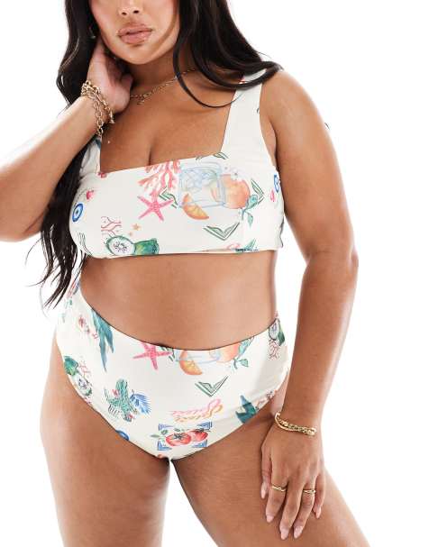 ASOS DESIGN Curve – Vykortsmönstrad bikiniunderdel med hög midja och hög benskärning - view 1