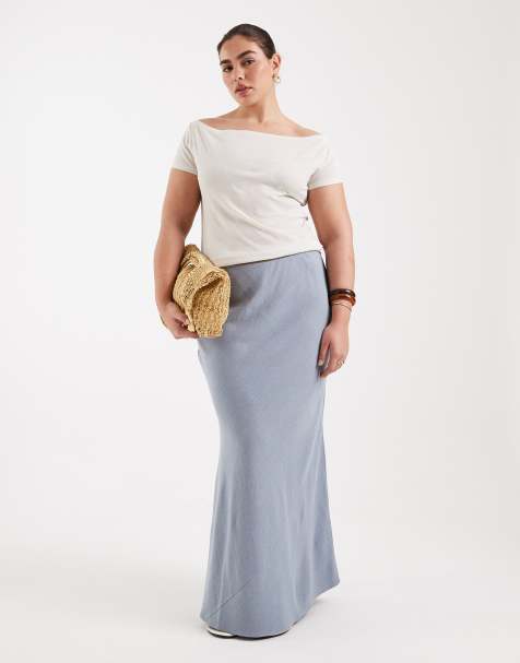 ASOS DESIGN Curve – Wadenlanger Leinenrock in Blau mit asymmetrischem Schnitt - view 1