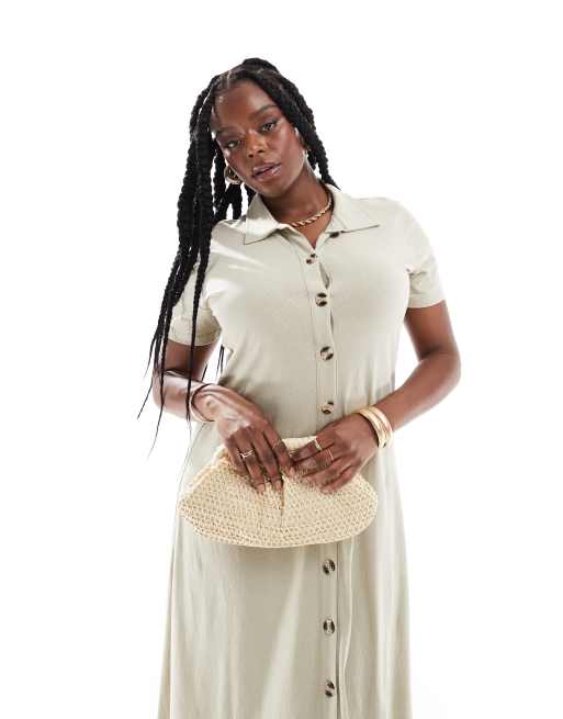 ASOS DESIGN Curve – Wadenlanges Freizeitkleid in sandfarbener Leinenoptik mit Kragen und durchgehender Knopfleiste