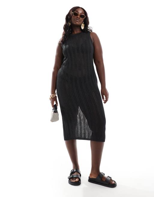 ASOS DESIGN Curve – Wadenlanges, gerade geschnittenes Strickkleid aus Metallic-Garn in Schwarz