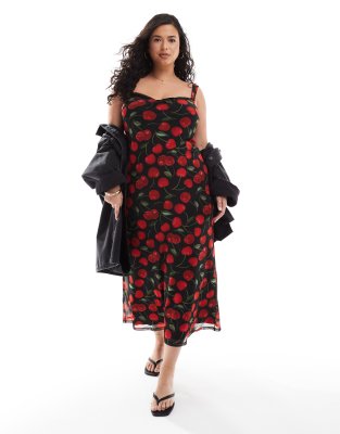 ASOS DESIGN Curve - Wadenlanges Netzstoffkleid in Schwarz mit Zierausschnitt an der Brust und rotem Kirschmuster