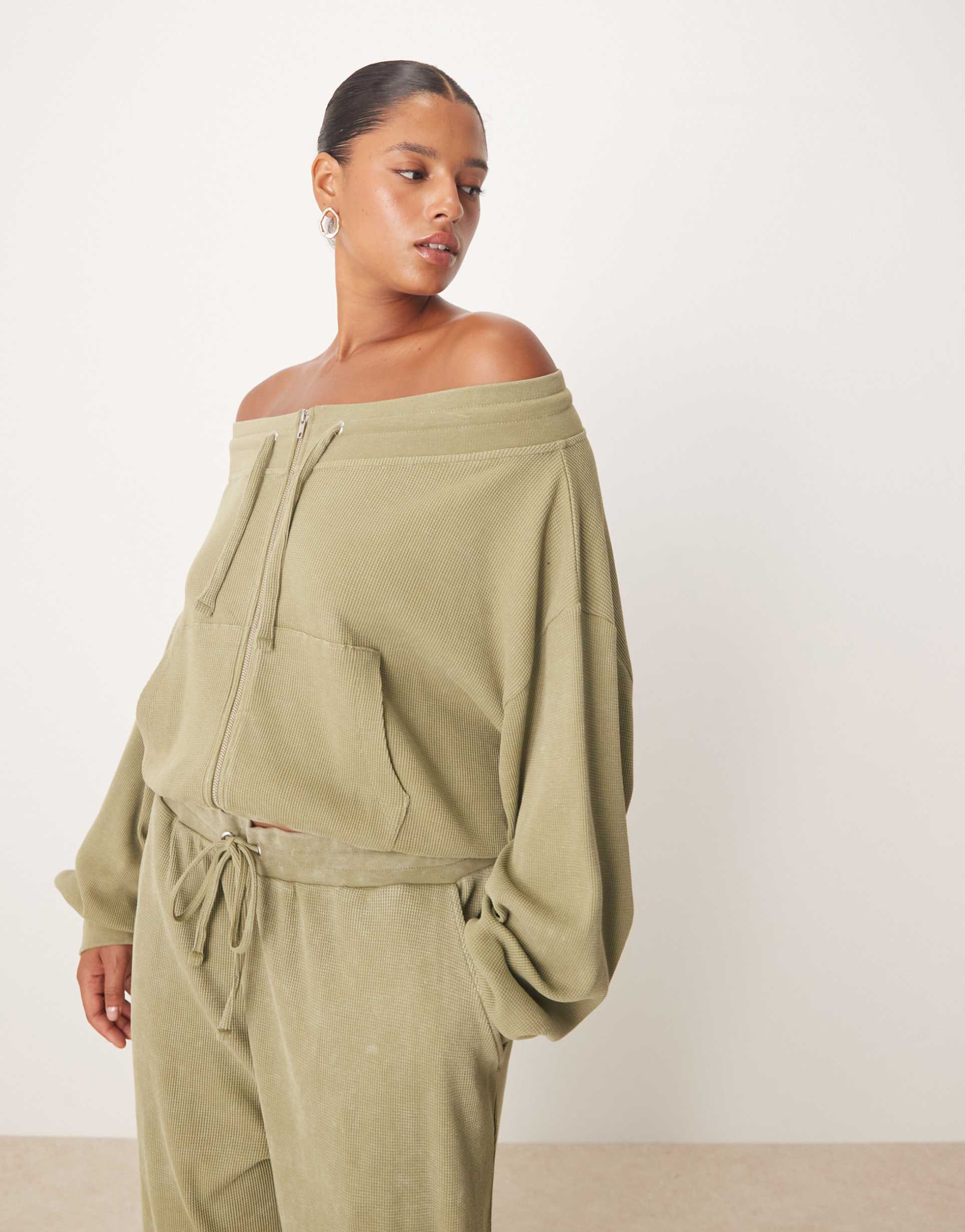 asos design curve waffle knit off the shoulder zip up sweatshirt in khaki green