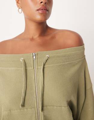 Asos Curve Asos Design Curve Waffle Knit Off The Shoulder Zip Up Sweatshirt In Green