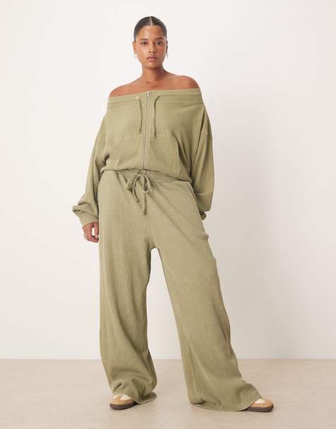 ASOS DESIGN Curve waffle paperbag waist sweatpants in khaki green - view 1