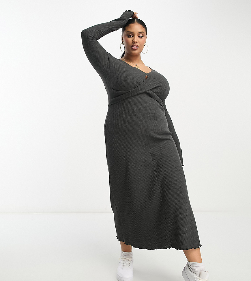 Asos Curve Asos Design Curve Waffle Twist Front Midi Dress With Long Sleeve In Dark Gray