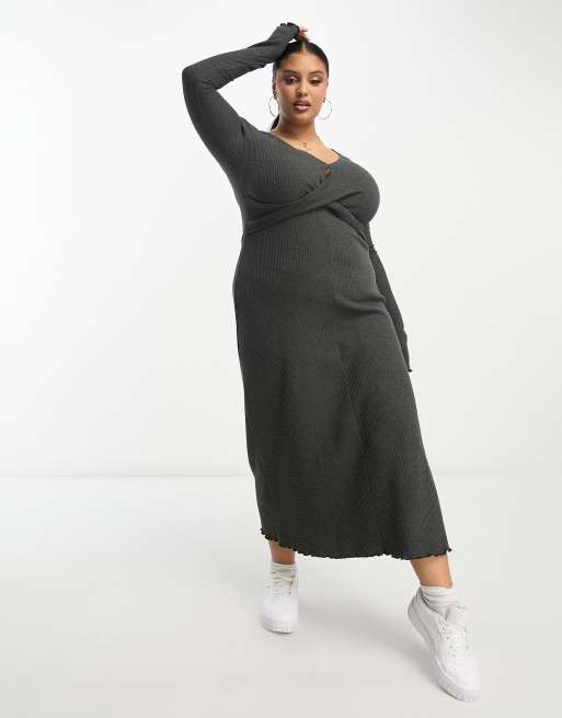 ASOS DESIGN Curve waffle twist front midi dress with long sleeve in dark gray