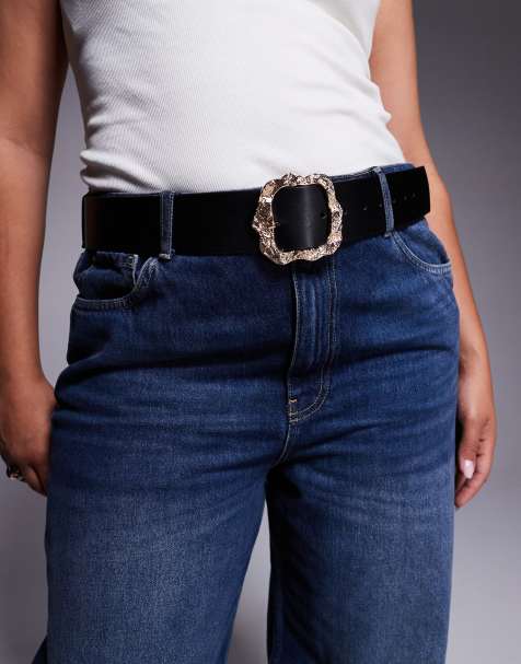 ASOS DESIGN Curve waist and hip belt with molten gold buckle in black - view 1