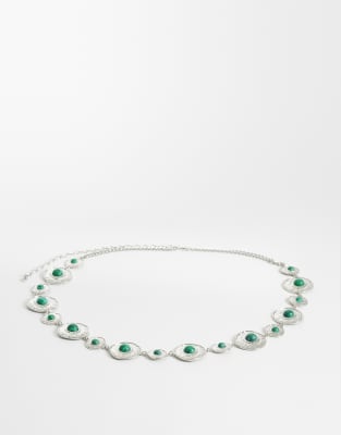 Asos Curve Asos Design Curve Waist And Hip Green Stone Set Chain Belt In Gray