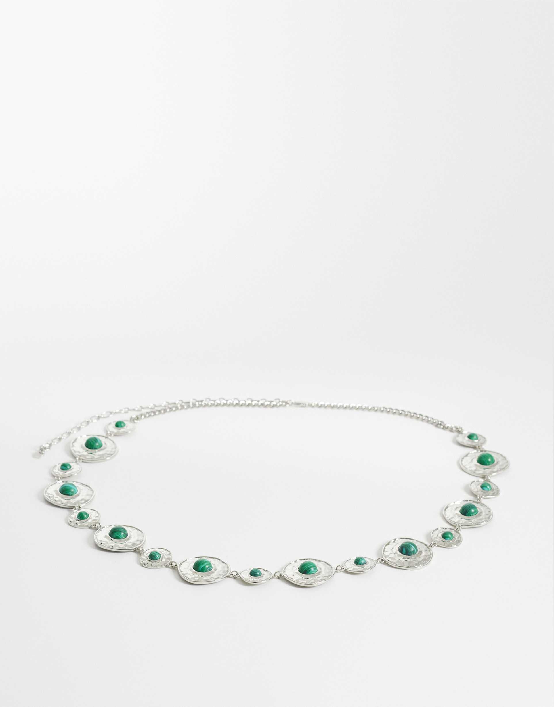 asos design curve waist and hip green stone set chain belt in silver tone