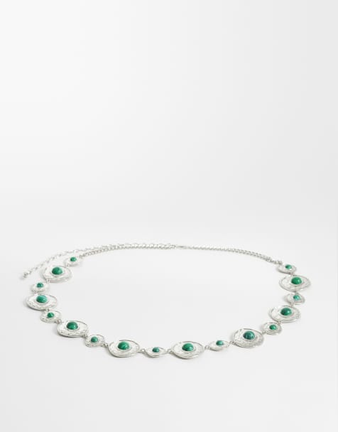 ASOS DESIGN Curve waist and hip green stone-set chain belt in silver - view 1