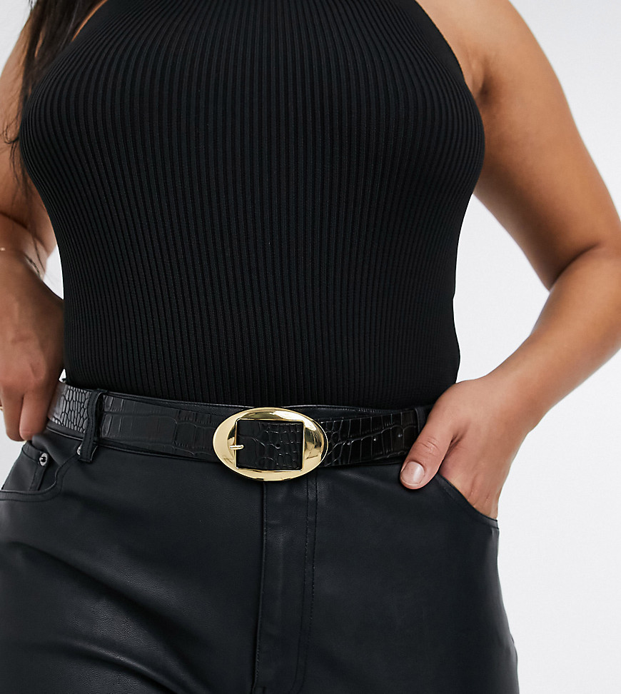 ASOS DESIGN Curve waist and hip jeans belt with oval buckle in black croc