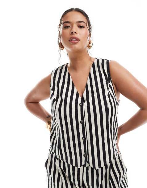 ASOS DESIGN Curve waistcoat with linen in mono stripe co-ord - view 1
