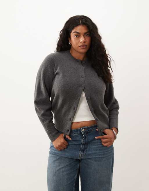 ASOS DESIGN Curve waisted crew neck cardigan with wool with covered buttons in charcoal, 2 of 4