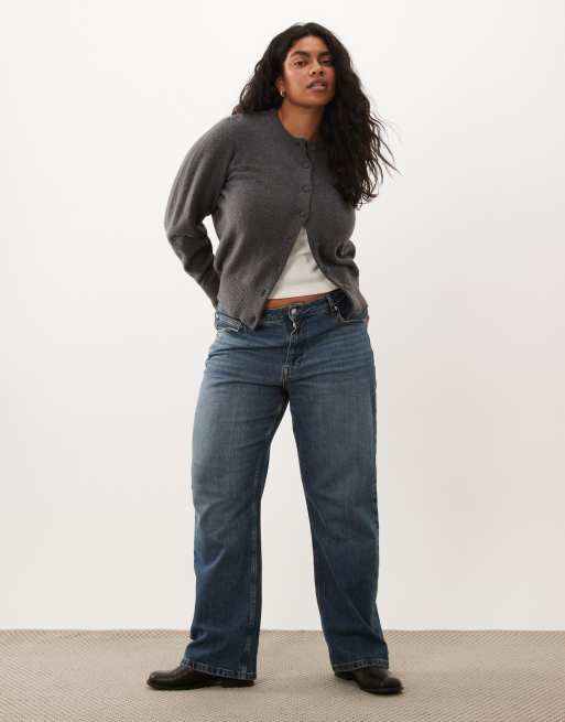 ASOS DESIGN Curve waisted crew neck cardigan with wool with covered buttons in charcoal, 3 of 4