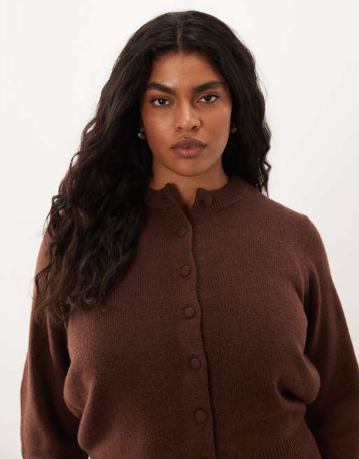 ASOS DESIGN Curve waisted crew neck cardigan with wool with covered buttons in chocolate, 3 of 4