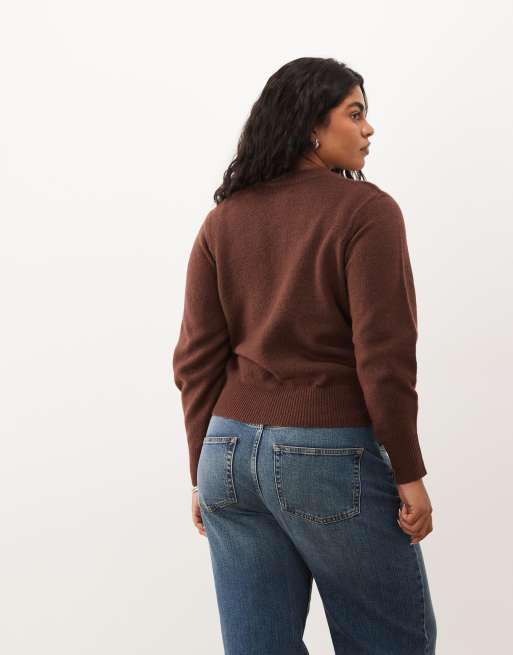 ASOS DESIGN Curve waisted crew neck cardigan with wool with covered buttons in chocolate, 4 of 4