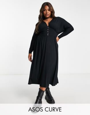 Asos Design Curve Waisted Long Sleeve Midi Tea Dress With Buttons In Black