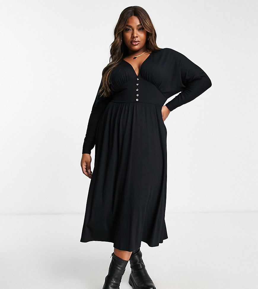 ASOS DESIGN Curve waisted long sleeve midi tea dress with buttons in black
