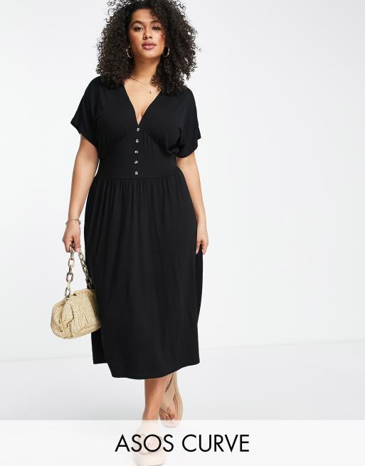 ASOS DESIGN Curve waisted midi tea dress with buttons in black