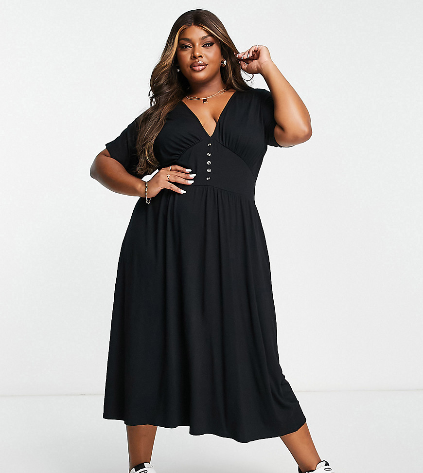 ASOS DESIGN Curve waisted midi tea dress with buttons in black
