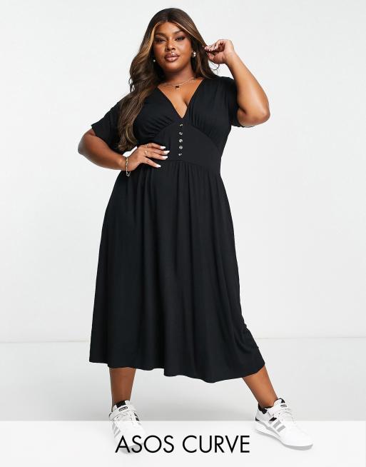 ASOS DESIGN Curve waisted midi tea dress with buttons in black