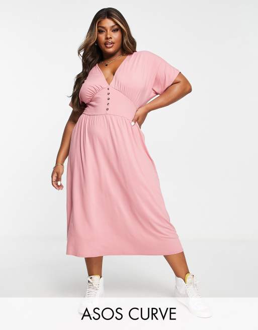 ASOS DESIGN Curve waisted midi tea dress with buttons in dusty pink