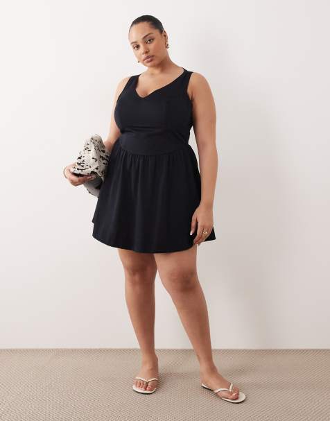 ASOS DESIGN Curve waisted v neck mini sundress with seaming details in black 