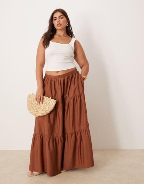 ASOS DESIGN Curve tiered boho maxi skirt in brown