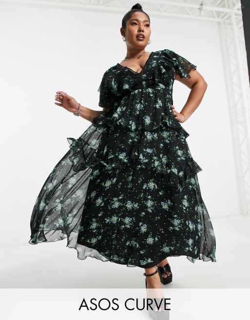 ASOS DESIGN Curve – Warstwowa sukienka midi z tkaniny dobby z koronkową wstawką i odkrytymi plecami 