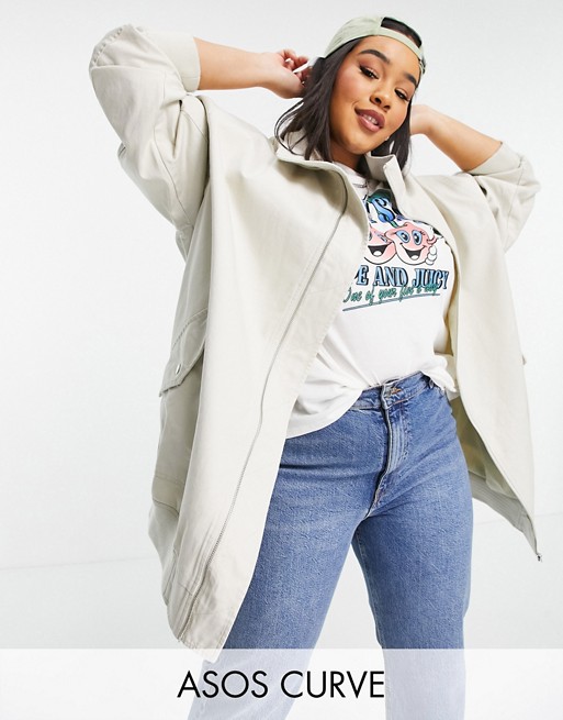 ASOS DESIGN Curve washed canvas longline jacket in stone