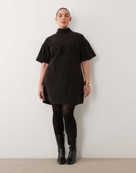 ASOS DESIGN Curve washed corduroy mini shift dress with funnel neck in black - view 1