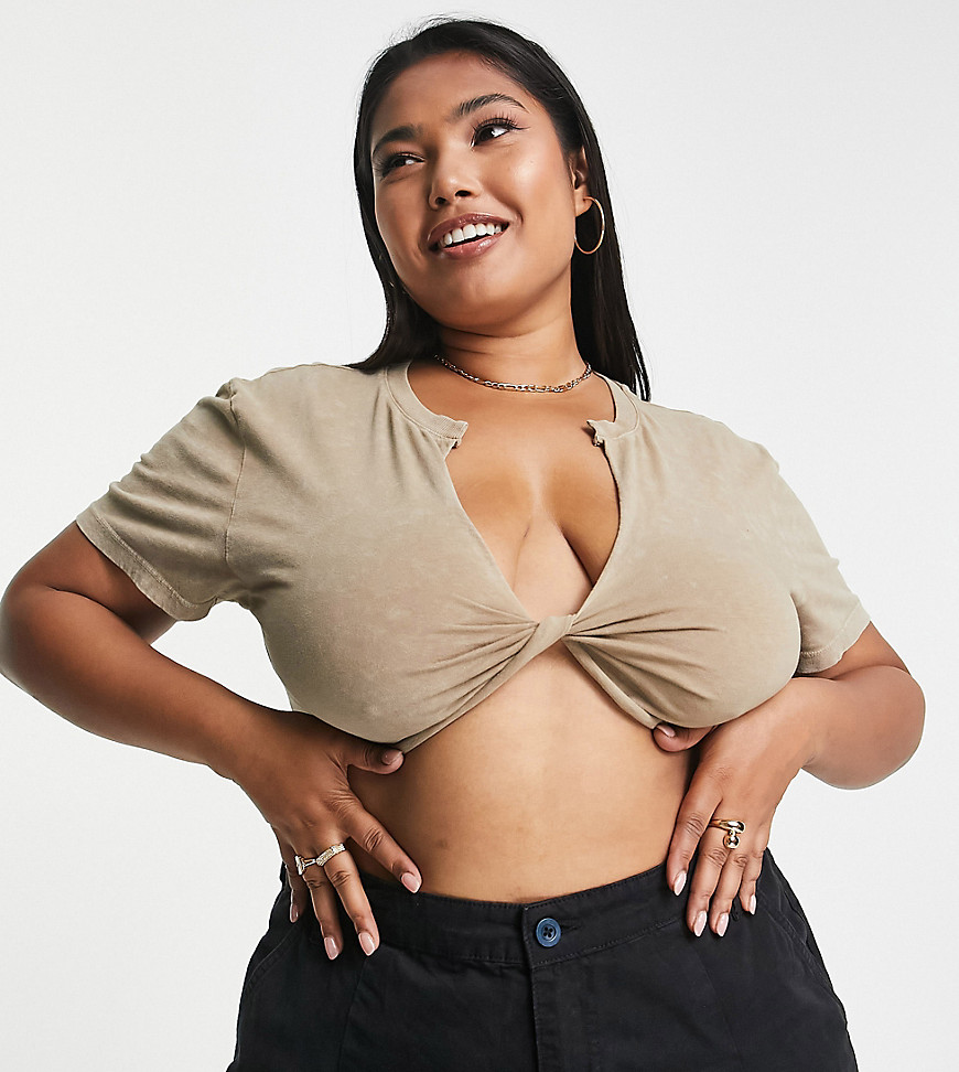ASOS DESIGN Curve washed crop top with knot detail in pebble-Neutral