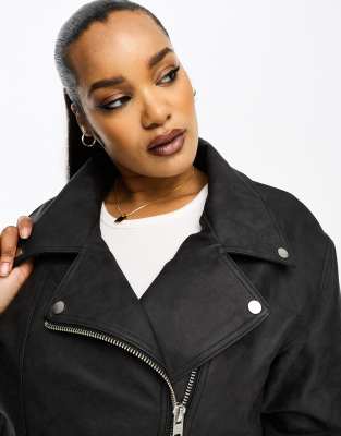 Plus Size Black Faux Leather Longline Biker Jacket