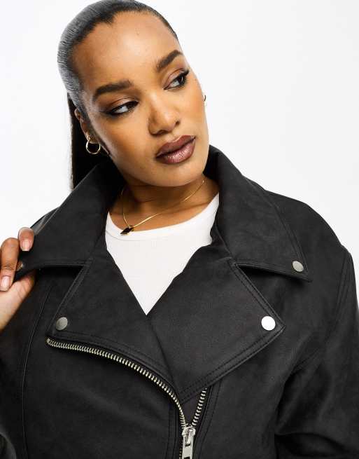 ASOS DESIGN Curve washed faux leather longline biker jacket in black