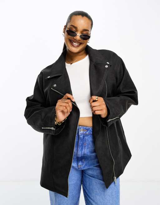 ASOS DESIGN Curve washed faux leather longline biker jacket in