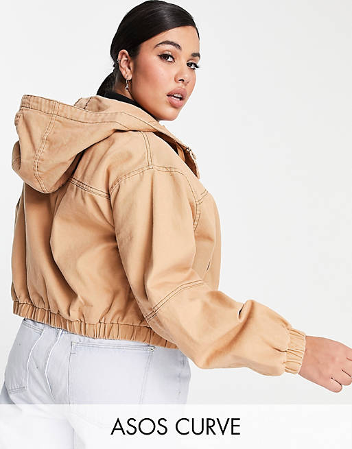 ASOS DESIGN Curve washed hooded cropped jacket in coral