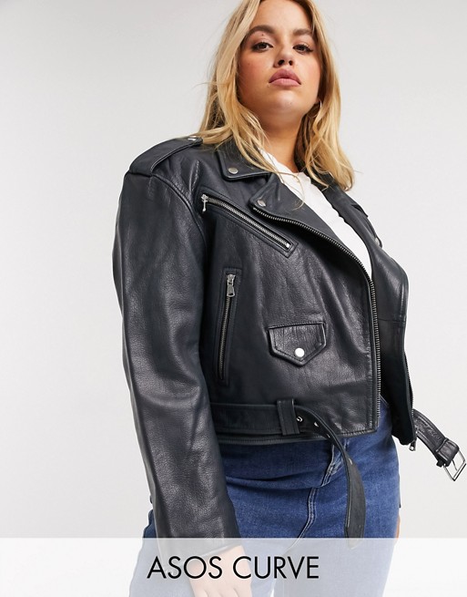 ASOS DESIGN Curve washed leather biker jacket in black