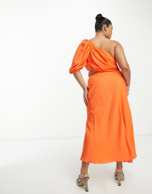 ASOS DESIGN Curve washed one shoulder maxi dress with cut out side waist  detail in orange