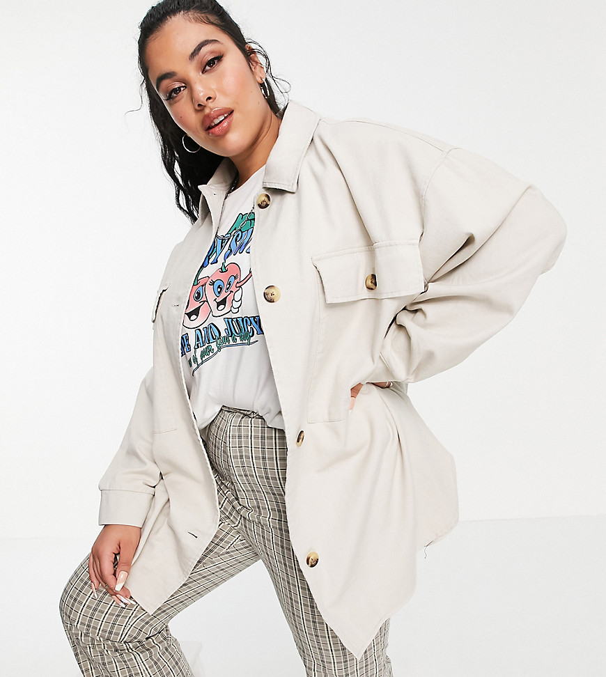 Asos Curve Asos Design Curve Washed Oversized Shacket In Stone-neutral
