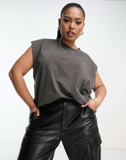 ASOS DESIGN Curve washed oversized tank with drop arm hole in washed charcoal grey