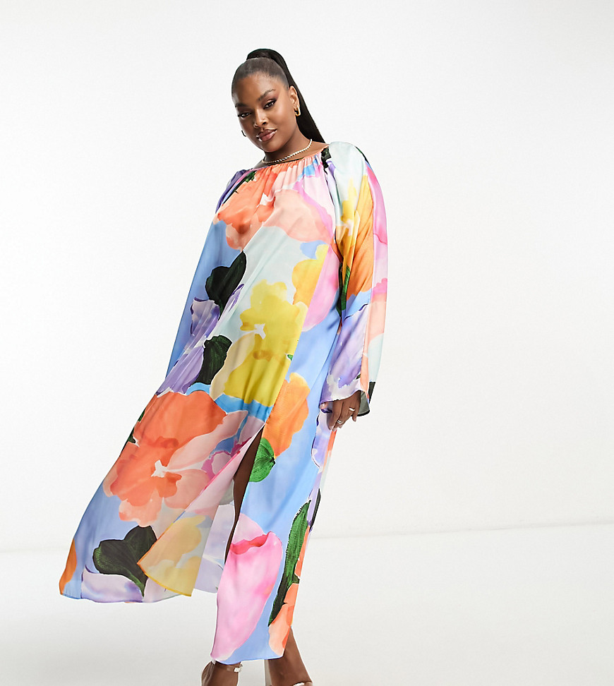 Asos Curve Asos Design Curve Washed Satin Volume Sleeve Midaxi Dress In Abstract Print-multi